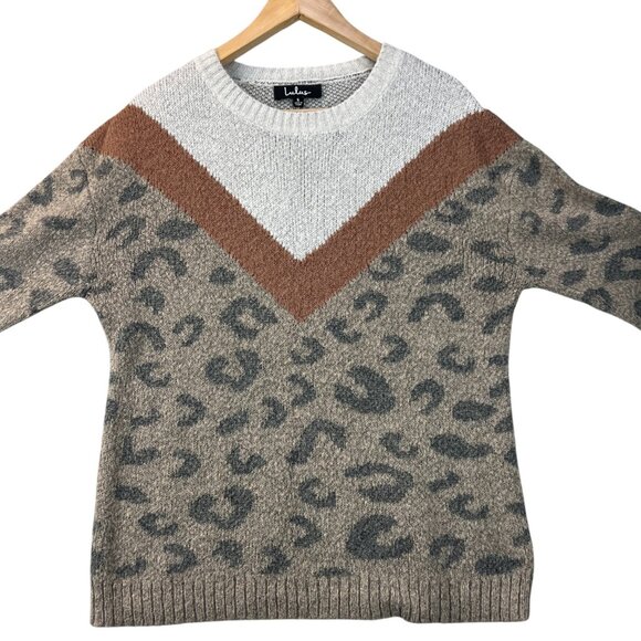 Lulus Womens Sweater Chevron Leopard Print Crewneck Relaxed Oversized Cozy Small - Picture 3 of 13